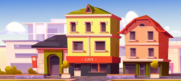 Rua moderna com café e loja de edifícios na ilustração dos desenhos animados de vetor de cidade europeia da cidade com ...