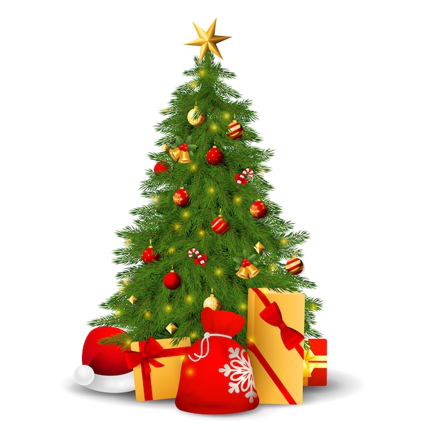 Árvore do abeto com decorações, presentes e chapéu de Papai Noel