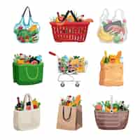 Vetor grátis saco de compras colorido conjunto de papel plástico e cesta de sacos têxteis e carrinho cheio até o topo com ilustração vetorial isolada de alimentos
