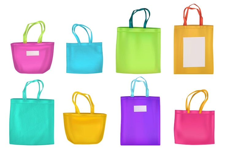 Vetor grátis sacos ecológicos em algodão colorido, em tecido, com diferentes formas. maquete realista de vetor de ecobags reutilizáveis de têxteis para compras e praia com alças e etiquetas em branco isoladas no fundo branco