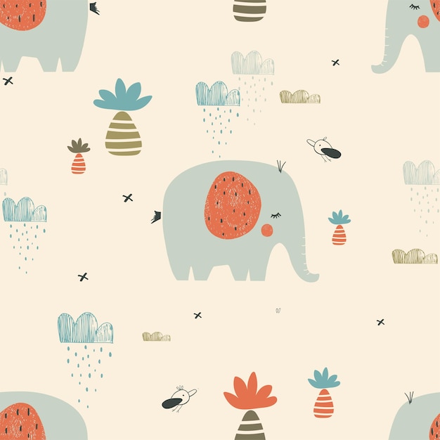 Safari padrão sem emenda com elefantes bonitos, pássaros e plantas tropicais. pode ser usado para estampa de camiseta Vetor Premium