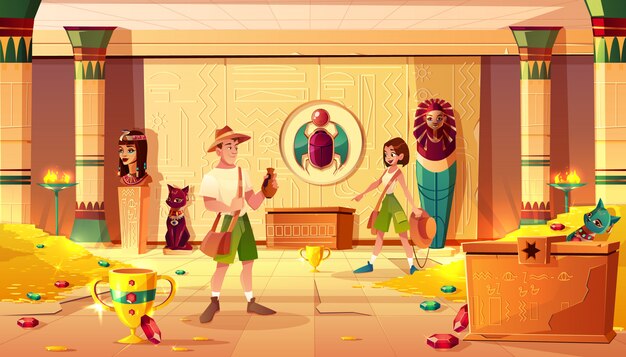 Saiu homem e mulher arqueólogos ou caçadores de tesouros descobrindo e explorando o faraó do Egito perdeu o túmulo ou o tesouro cheio de moedas de ouro, pedras preciosas e artefatos antigos cartoon ilustração vetorial