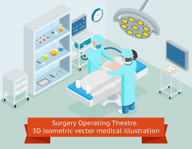 Sala de cirurgia de cirurgia. 3d isométrico médico. procedimento em hospital, médico cirurgião, operação estéril, assistência médica cirúrgica