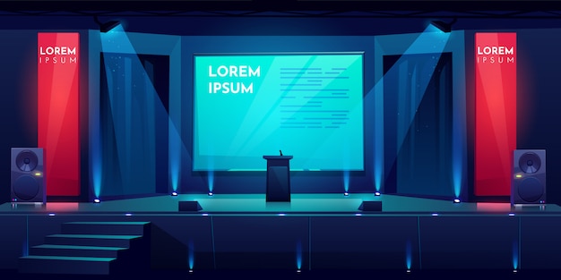 Sala de conferências, palco para apresentação, cena