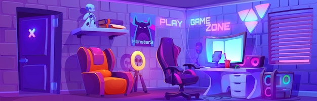 Vetor grátis sala de desenhos animados com configuração de jogos e streaming