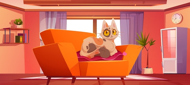 Vetor grátis sala de estar com gato fofo deitado no travesseiro no sofá