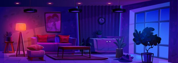 Sala de estar moderna em apartamento noturno