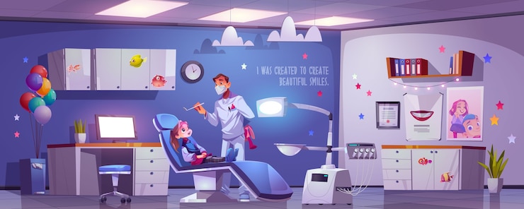 Vetor grátis sala odontológica para crianças com a menina sentada na cadeira e o médico. ilustração dos desenhos animados com dentista e paciente infantil no consultório de estomatologia em clínica ou hospital. tratamento e cuidados com os dentes infantis