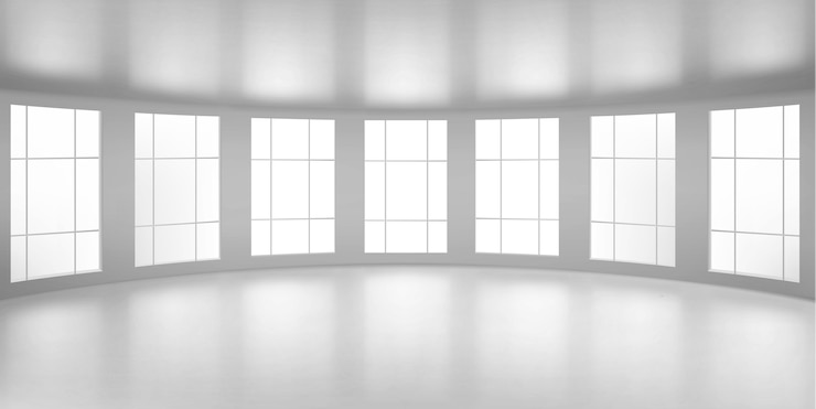 Vetor grátis sala redonda vazia, escritório com grandes janelas, teto e piso brancos. estrutura interna interna da arquitetura moderna da cidade, visualização do projeto de design interno, ilustração 3d realista