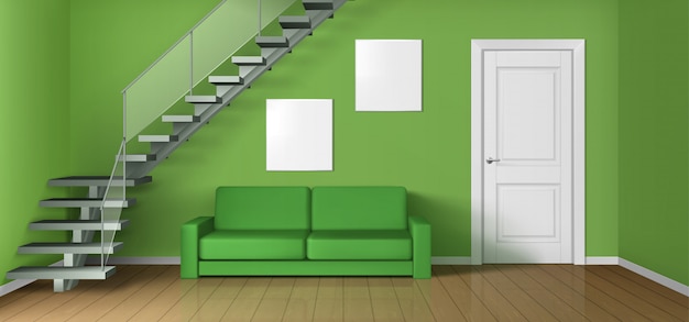 Sala vazia com sofá, escada e porta