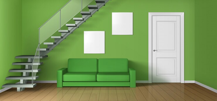 Vetor grátis sala vazia com sofá, escada e porta