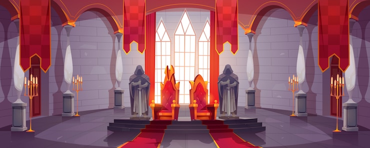 Vetor grátis salão do castelo com tronos para rei e rainha. interior do salão de baile, palácio medieval para a família real com bandeiras, guardas com estátuas de pedra de espadas. fantasia, conto de fadas, jogo de pc ilustração em vetor dos desenhos animados