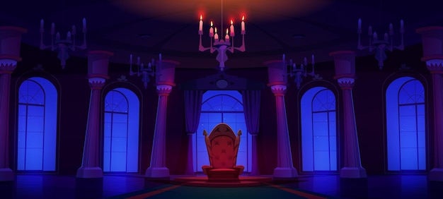 Vetor grátis salão do palácio do castelo noturno com trono e holofotes