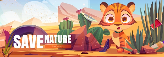 Salvar banner da web de desenho animado da natureza, filhote de tigre engraçado