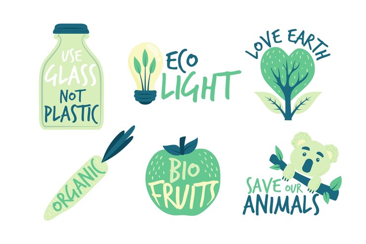 Vetor grátis salvar os emblemas de ecologia de terra mão desenhada