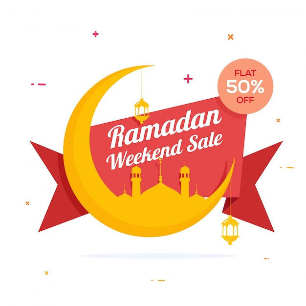 Vetor grátis santo mês, ramadan weekend sale design de fita, lua crescente criativa com mesquita e lâmpadas para celebração de festivais islâmicos.