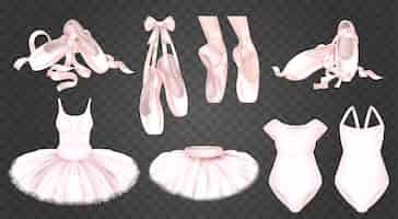 Vetor grátis sapatilhas de balé rosa tutu saias e corpos conjunto realista isolado em ilustração vetorial de fundo transparente
