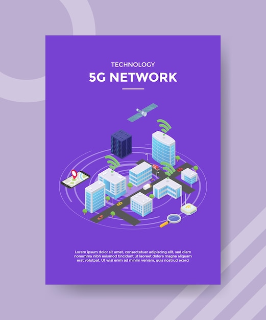 Vetor grátis satelite de rede 5g de tecnologia em modelo de folheto de servidor de construção de cidade