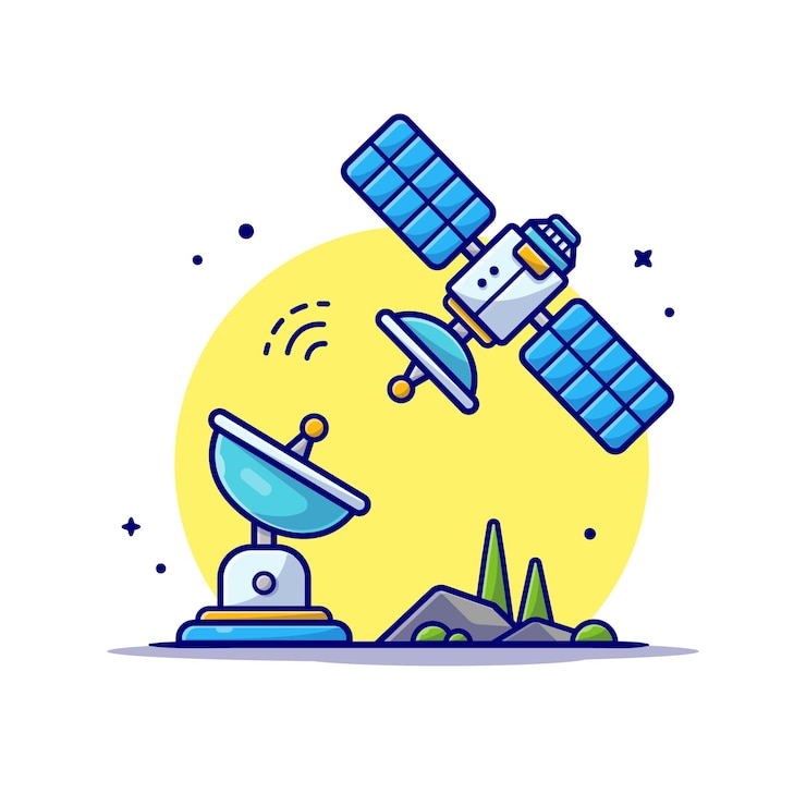 Vetor grátis satélite voador com ilustração do ícone dos desenhos animados do espaço da antena.