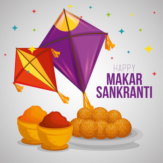 Saudação de makar sankranti com pipas e comida