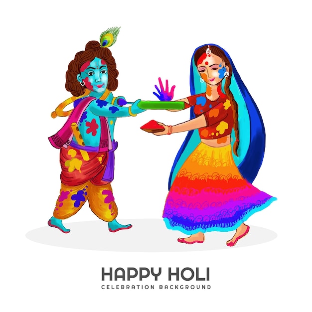 Saudações de holi com alegre krishna e radha brincando com design de cores
