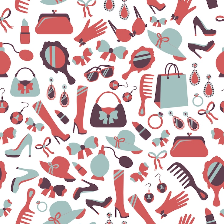 Vetor grátis seamless mulher acessórios fundo de perfume sapatos pente e perfume ilustração vetorial