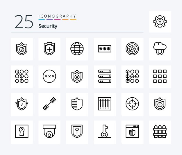 Security 25 Line icon pack incluindo chave de senha de internet de pino bloqueado