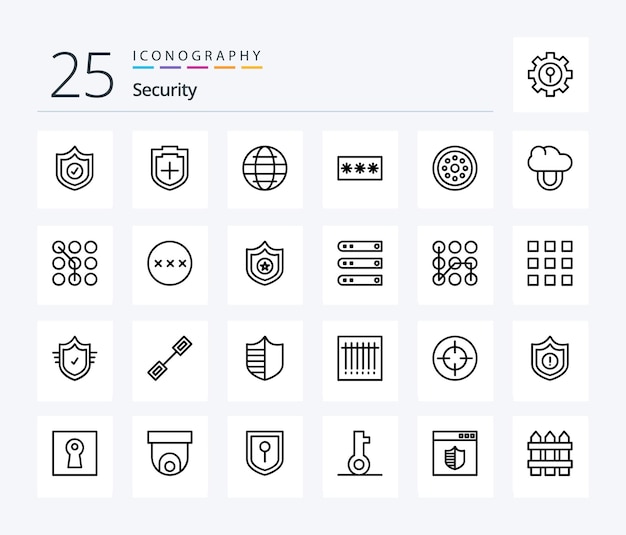 Security 25 Line icon pack incluindo chave de senha de internet de pino bloqueado