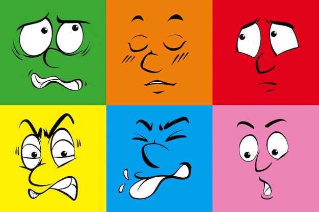 Seis emoções humanas em fundo colorido