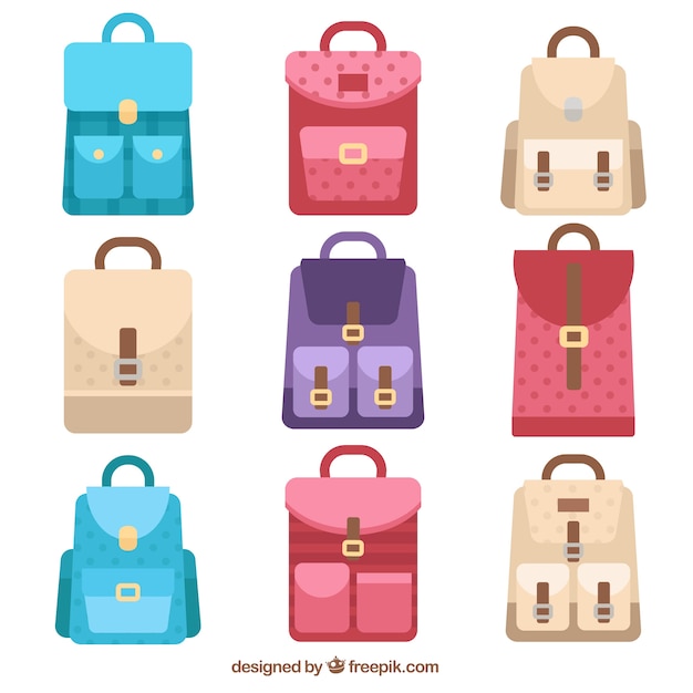 Vetor grátis seleção de mochilas em estilo plano