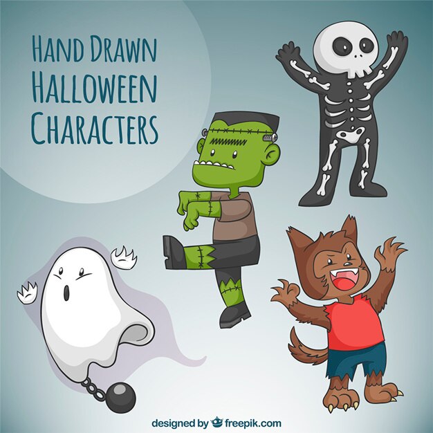 Vetor grátis seleção de personagens desenhados à mão com trajes de halloween