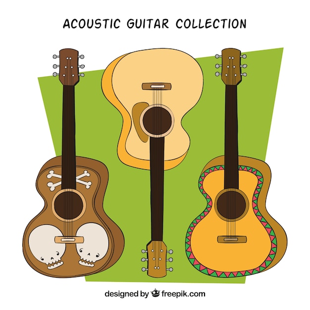 Vetor grátis seleção de três guitarras acústicas desenhadas à mão