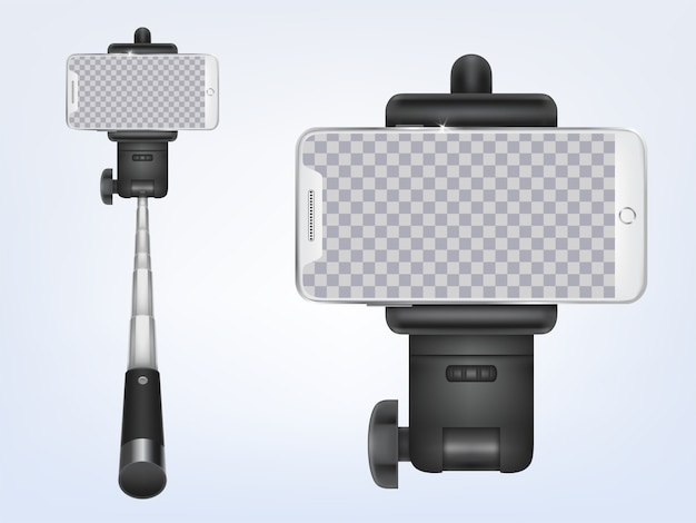 Selfiestick 3d realista com smartphone. sreen transparente de dispositivo para cartaz de anúncio, banner.