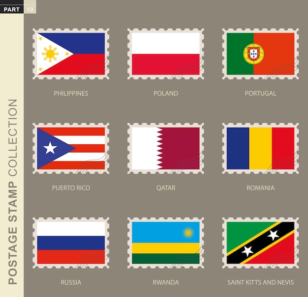 Selo com bandeira, coleção da bandeira 9: filipinas, polônia, portugal, porto rico, qatar, romênia, rússia, ruanda, são cristóvão e névis