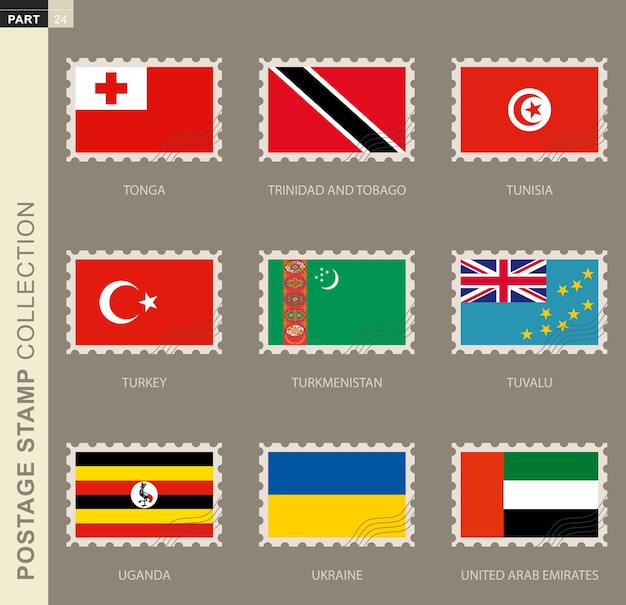 Selo com bandeira, coleção da bandeira 9: tonga, trinidad e tobago, tunísia, turquia, turcomenistão, tuvalu, uganda, ucrânia, emirados árabes unidos