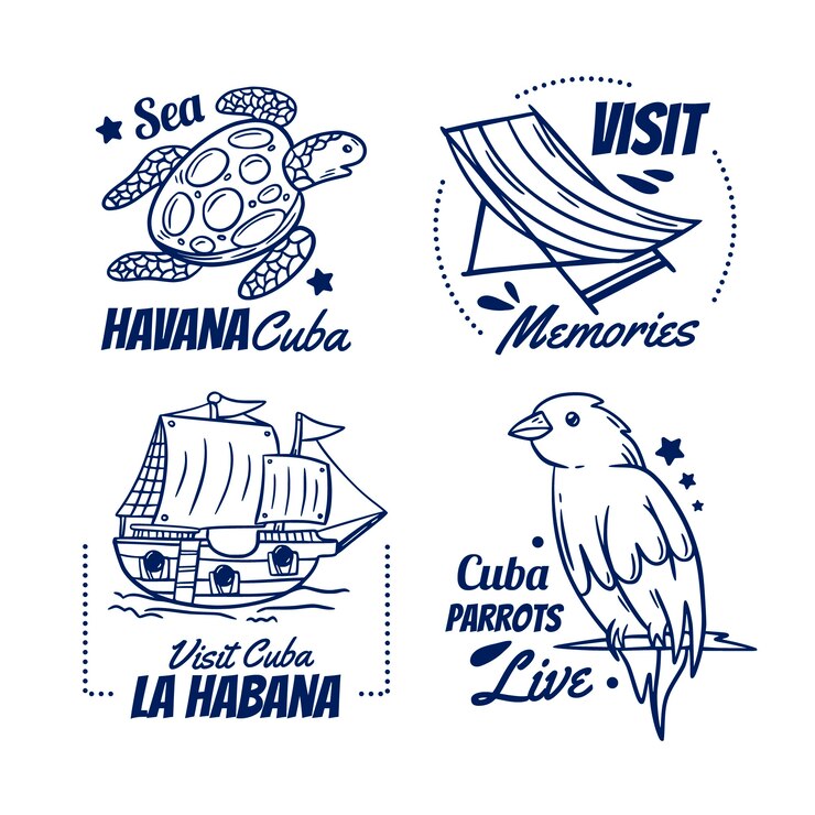 Vetor grátis selos cubanos desenhados à mão de viagem