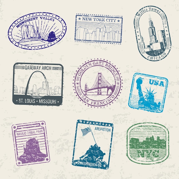 Vetor grátis selos de viagens pelo correio com monumentos famosos dos eua