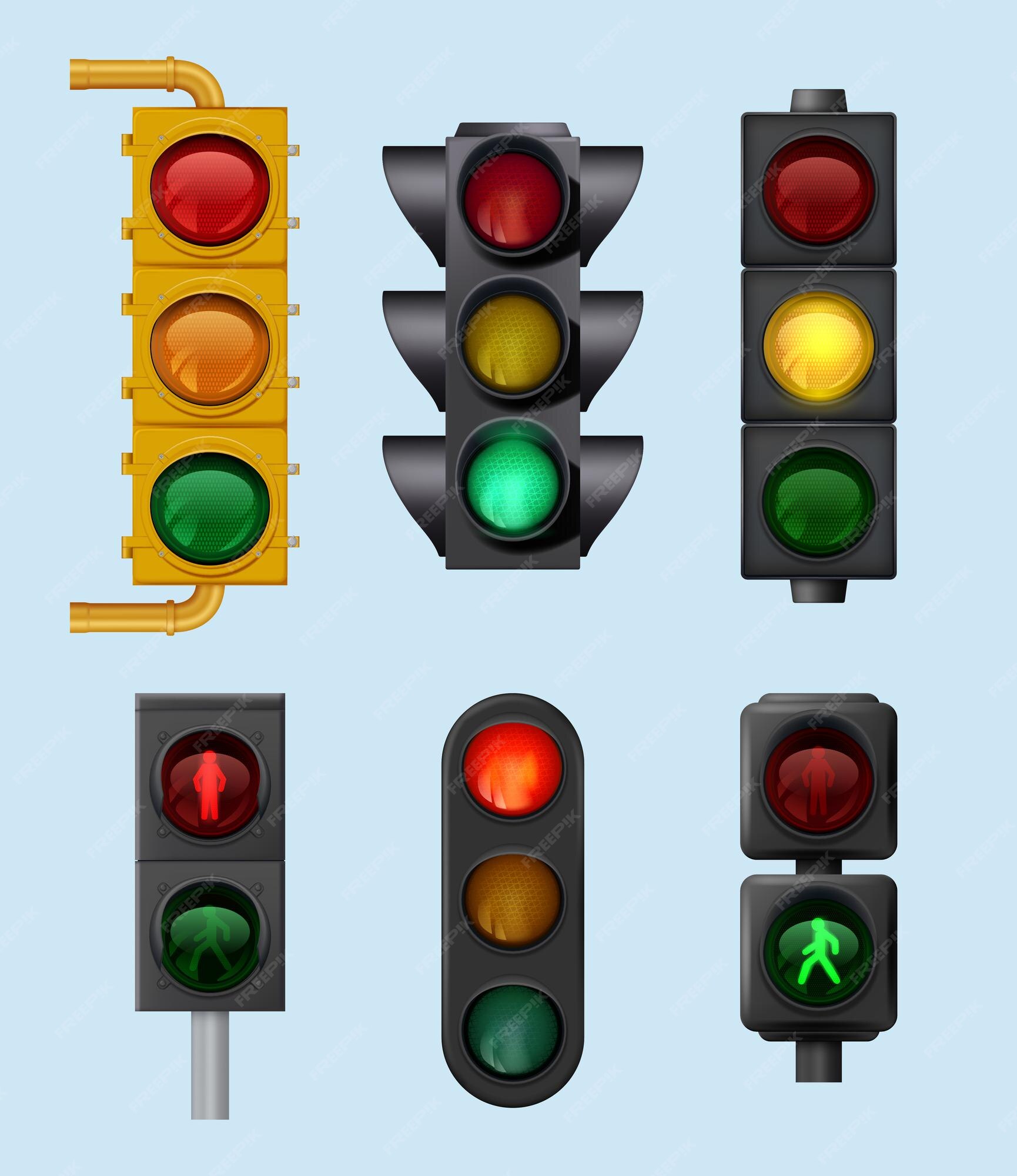 Semaforos Urbanos Sinais Para Veiculos De Cidade Iluminando Objetos Para Conjunto Realista De Vetor De Direcao Transversal De Estrada Ilustracao Do Controlador De Encruzilhada Estrada De Trafego Leve Vetor Premium