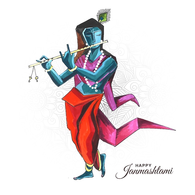 Senhor krishna deus indiano feliz janmashtami festival fundo de cartão de férias