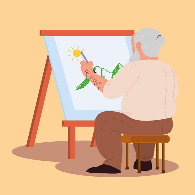 sênior pintando uma paisagem sobre amarelo