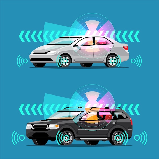Sensor sem fio automático de carro inteligente autônomo dirigindo na estrada ao redor do carro carro inteligente autônomo faz as varreduras nas estradas observam a distância e o sistema de frenagem automática