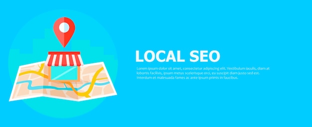 Seo bandeira local, mapa e loja na vista realista.