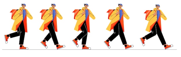 Vetor grátis sequência de ciclo de caminhada de personagem de correio ilustração em vetor plana de trabalhador de serviço de entrega com mochila folha de sprite de animação de passos de entregador ambulante em vista lateral