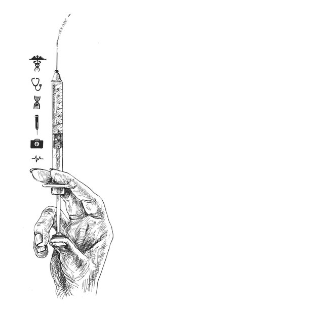 Seringa de injeção médica em mãos com conjunto de ícones médicos. Ilustração vetorial