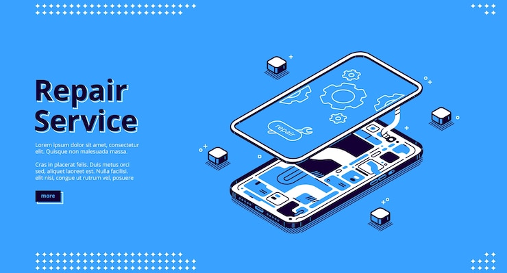 Vetor grátis serviço de reparo de página de destino isométrica, conserto de telefone celular desmontado, smartphone quebrado com microcircuito e tela com engrenagens, dispositivo eletrônico quebrado tela sensível ao toque 3d line art web banner