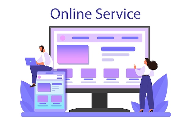 Serviço on-line ou plataforma de web design responsivo apresentação de conteúdo adaptável em diferentes páginas da web ilustração em vetor plana