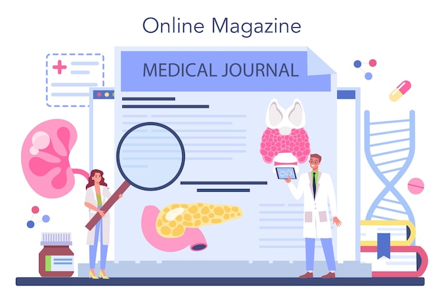 Vetor grátis serviço online de endocrinologista ou plataforma exame da glândula tireoide médico examina hormônio e glicose revista online ilustração vetorial plana isolada