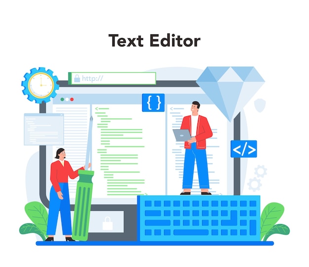 Serviço ou plataforma on-line de desenvolvimento de aplicativos móveis Tecnologia moderna e design de interface de smartphone Editor de texto on-line Ilustração plana em vetor