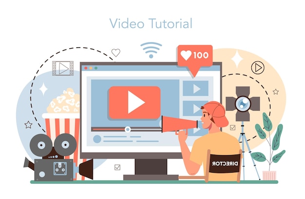 Serviço ou plataforma on-line do diretor de cinema Diretor de cinema liderando um processo de filmagem Equipamento para produção de filmes Tutorial em vídeo Ilustração vetorial plana