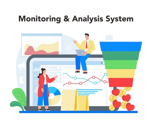 Serviço ou plataforma on-line smm publicidade de marketing de mídia social de negócios através da rede social monitoramento e análise on-line ilustração plana isolada